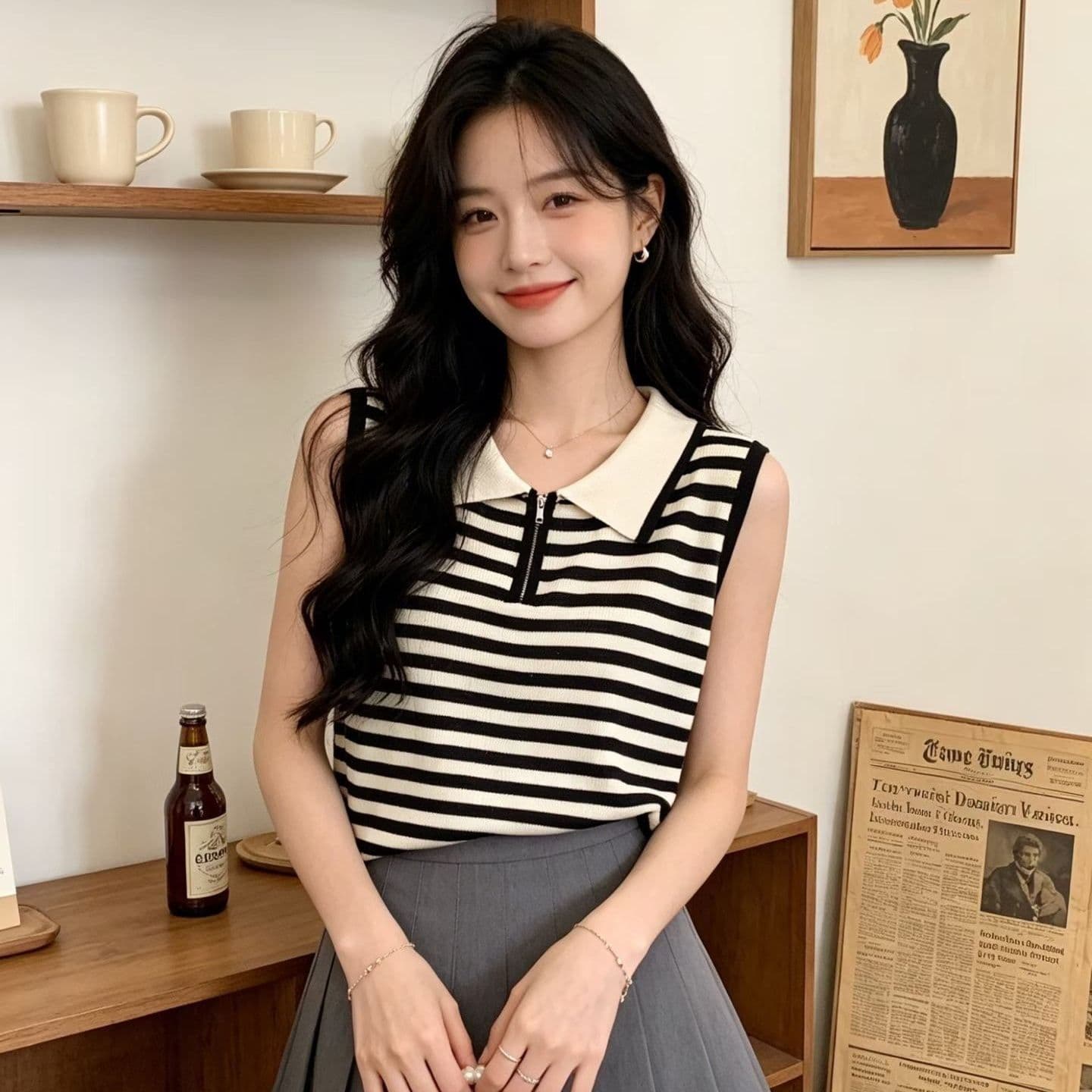 2026 년 여름 새로운 디자인 센스 달콤함 프랑스식 폴로 칼라 하프 지퍼 스트라이프 슬림해 보이는 니트 풀오버 조끼