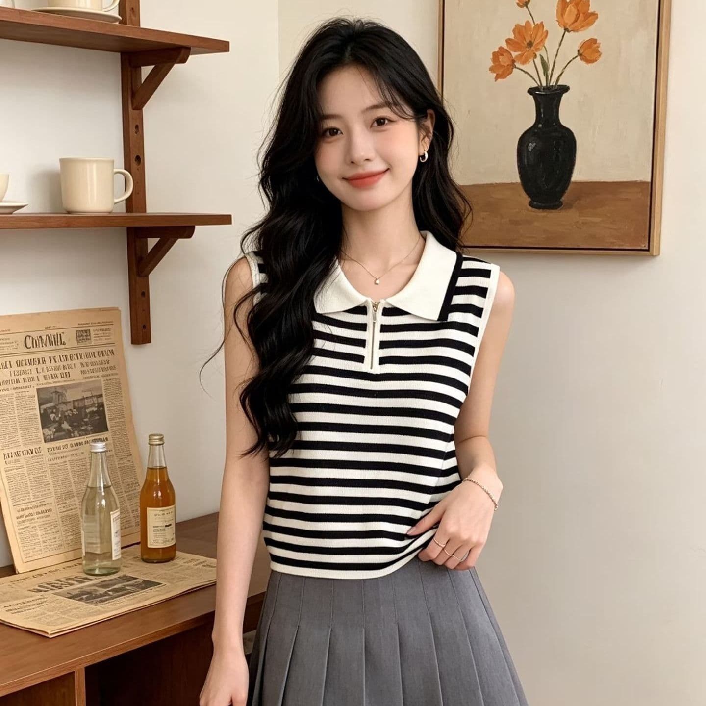 2026 년 여름 새로운 디자인 센스 달콤함 프랑스식 폴로 칼라 하프 지퍼 스트라이프 슬림해 보이는 니트 풀오버 조끼 이미지 4
