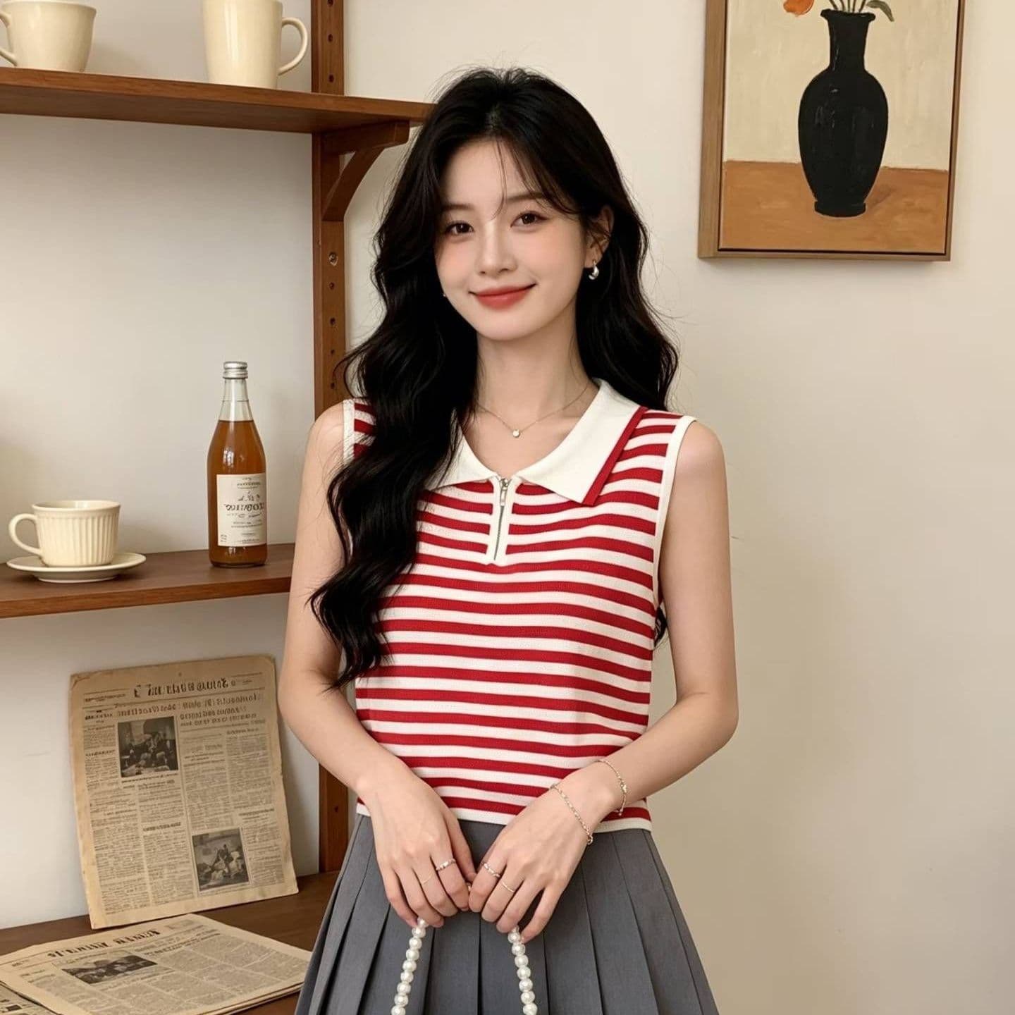 2026 년 여름 새로운 디자인 센스 달콤함 프랑스식 폴로 칼라 하프 지퍼 스트라이프 슬림해 보이는 니트 풀오버 조끼 이미지 3