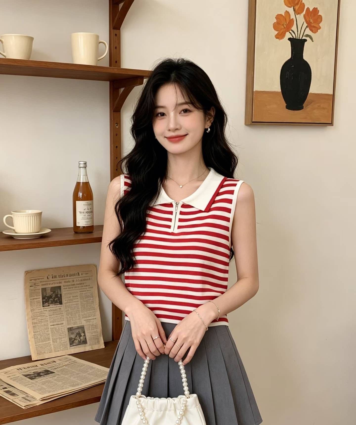 2026 년 여름 새로운 디자인 센스 달콤함 프랑스식 폴로 칼라 하프 지퍼 스트라이프 슬림해 보이는 니트 풀오버 조끼 상세 이미지 2