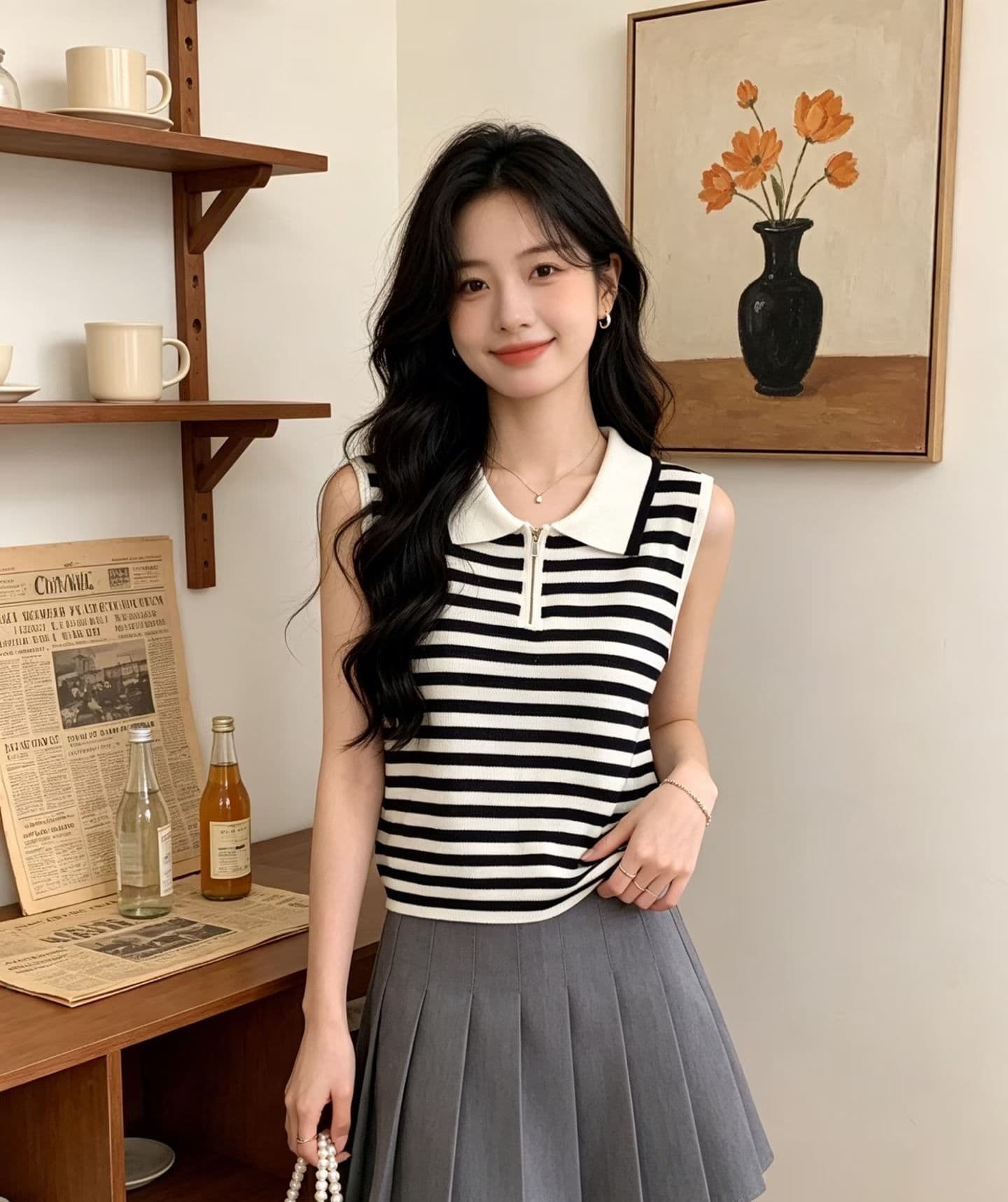 2026 년 여름 새로운 디자인 센스 달콤함 프랑스식 폴로 칼라 하프 지퍼 스트라이프 슬림해 보이는 니트 풀오버 조끼 상세 이미지 3