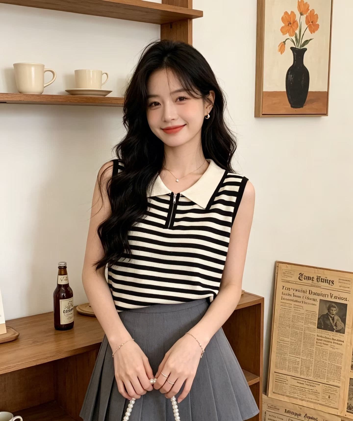 2026 년 여름 새로운 디자인 센스 달콤함 프랑스식 폴로 칼라 하프 지퍼 스트라이프 슬림해 보이는 니트 풀오버 조끼 상세 이미지 4