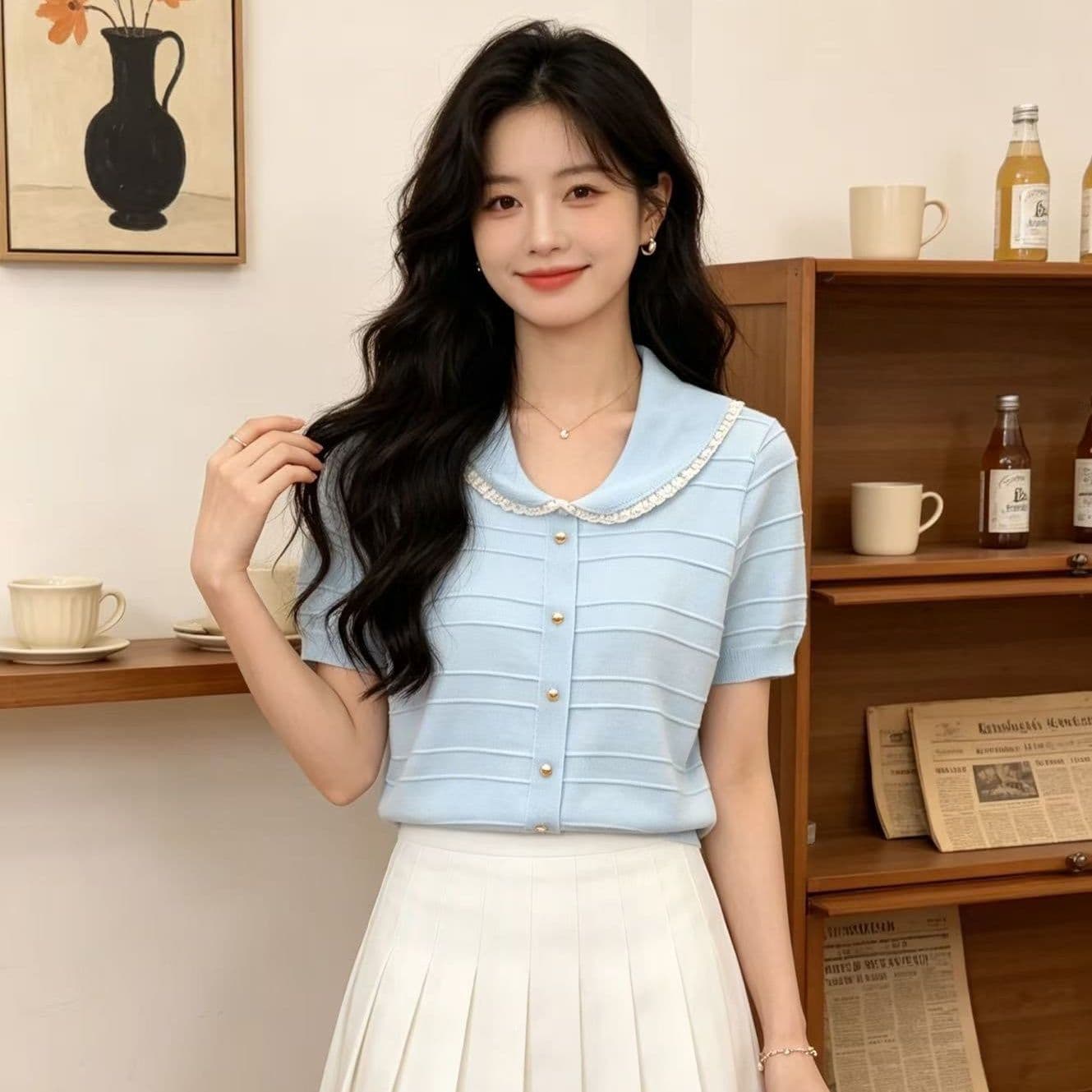 라운드 넥 반팔 니트 스웨터 여성 2026 여름 새로운 한 부서 작은 셔츠 레이스 레이스 작은 키 쇼트 스타일 맨위 여성 상세 이미지 2