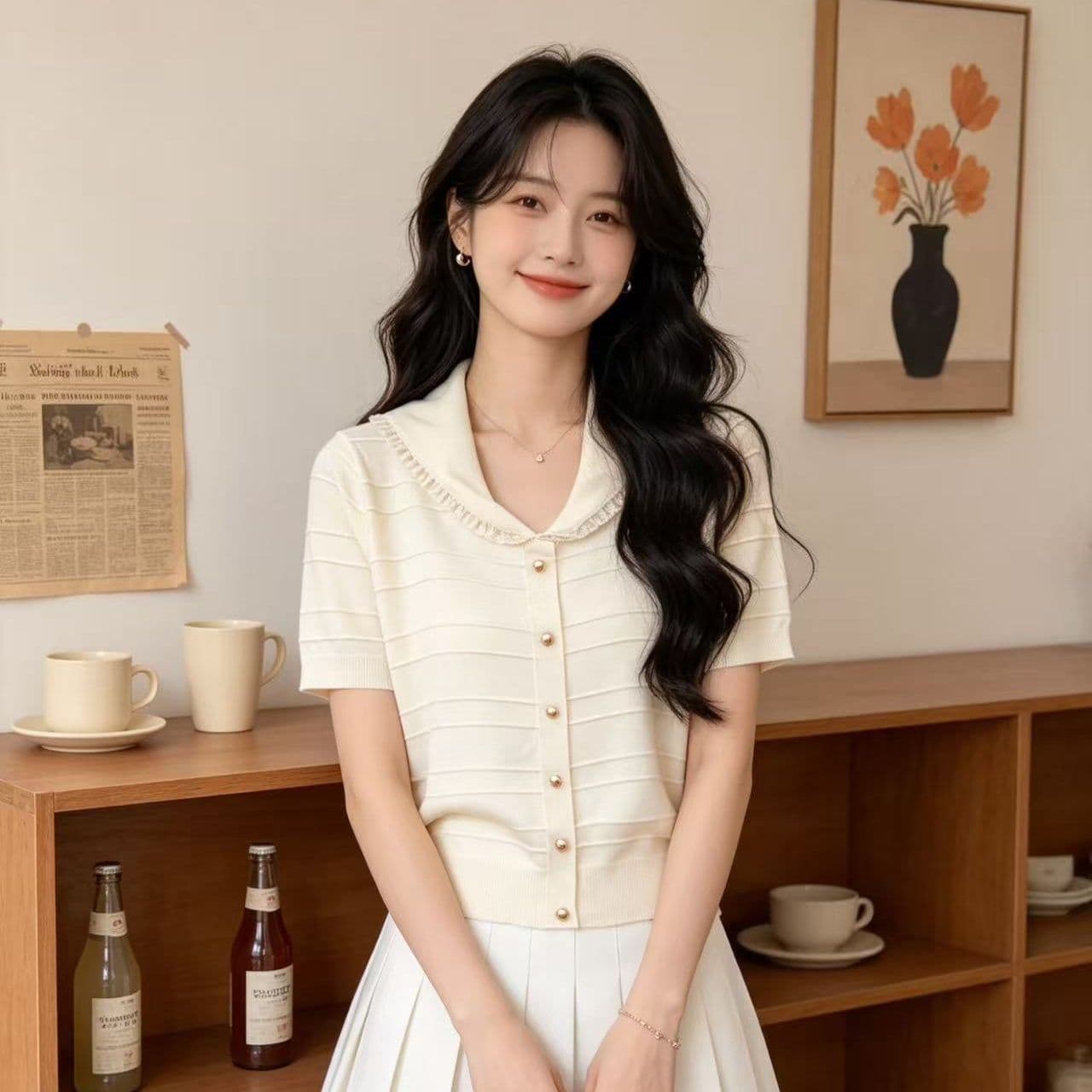 라운드 넥 반팔 니트 스웨터 여성 2026 여름 새로운 한 부서 작은 셔츠 레이스 레이스 작은 키 쇼트 스타일 맨위 여성 상세 이미지 4