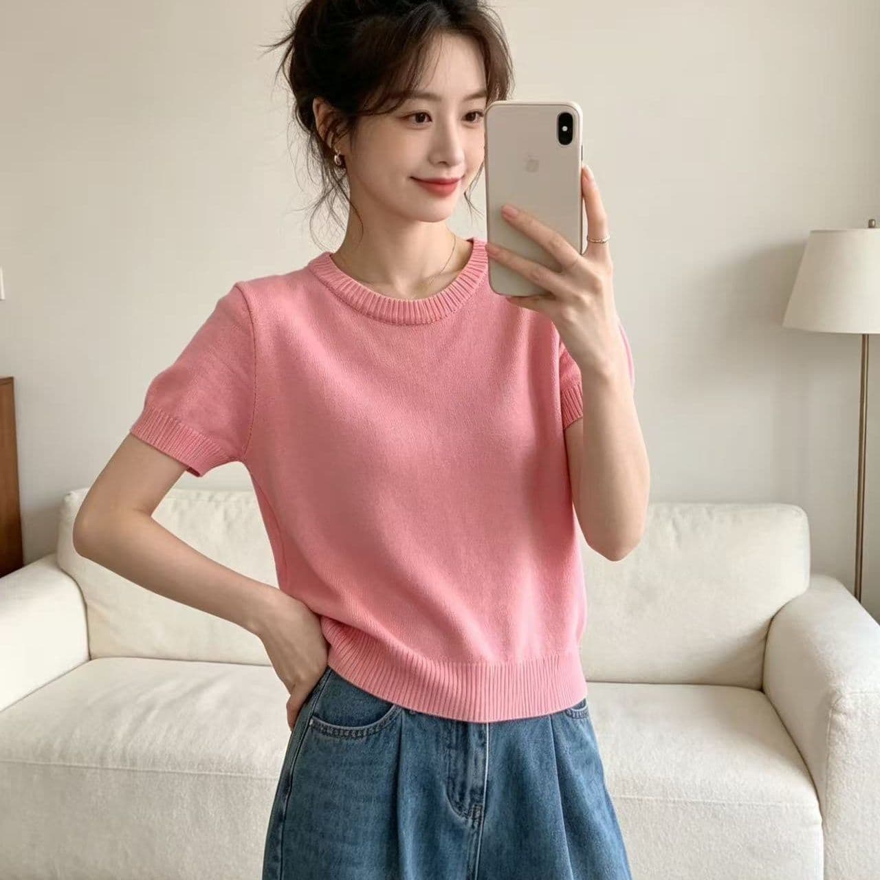 달콤함 연령 감소 부드러운 바람 단색 반팔 니트 스웨터 여름 루즈핏 다용도 라운드 넥 스웨터 슬림해 보이는 캐주얼 맨위 이미지 2