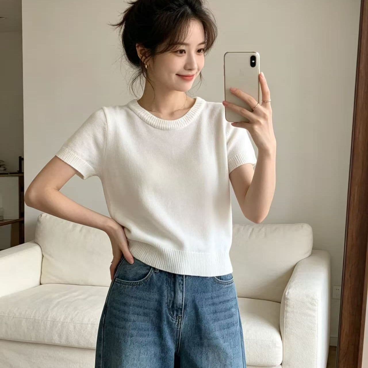 달콤함 연령 감소 부드러운 바람 단색 반팔 니트 스웨터 여름 루즈핏 다용도 라운드 넥 스웨터 슬림해 보이는 캐주얼 맨위 이미지 4
