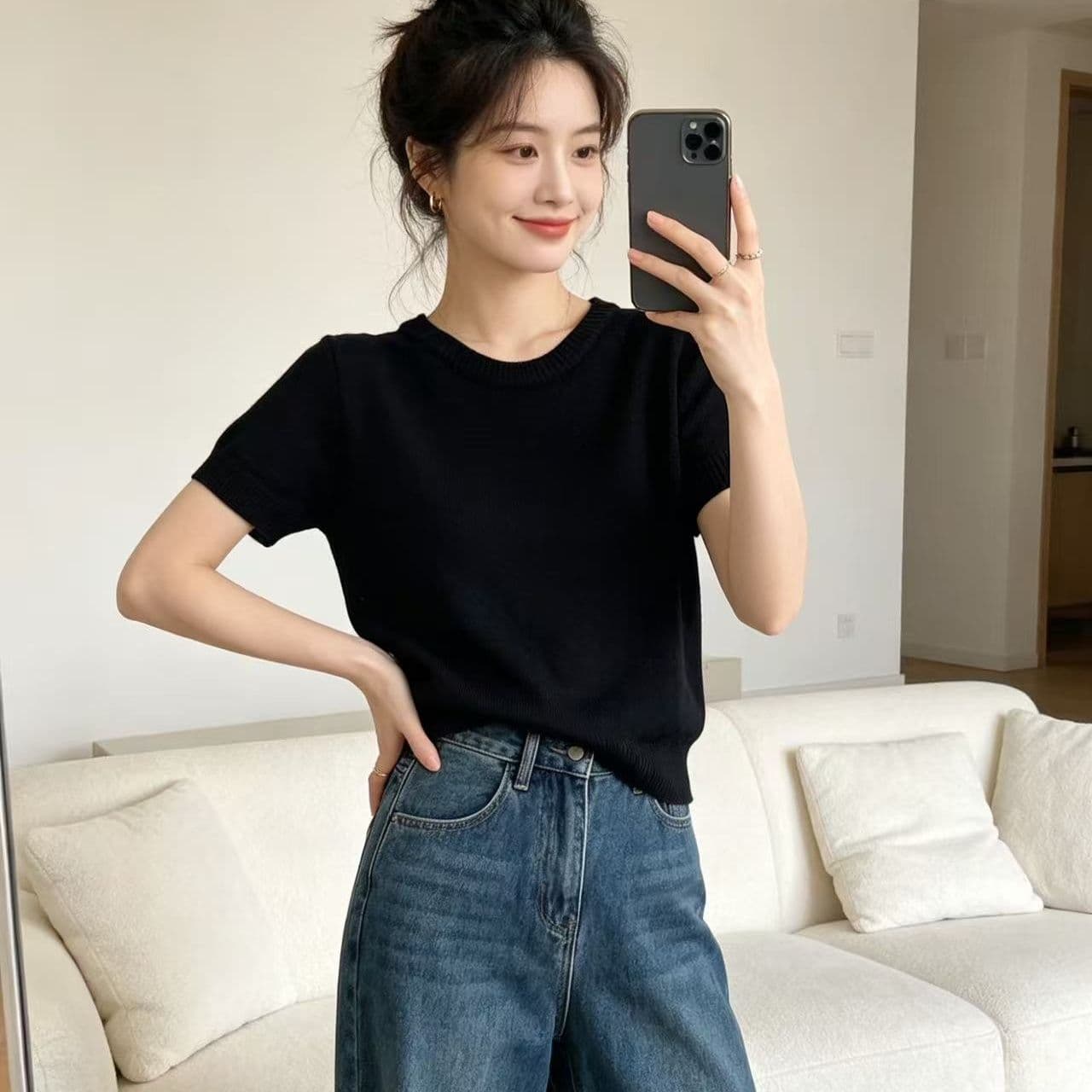 달콤함 연령 감소 부드러운 바람 단색 반팔 니트 스웨터 여름 루즈핏 다용도 라운드 넥 스웨터 슬림해 보이는 캐주얼 맨위 이미지 3