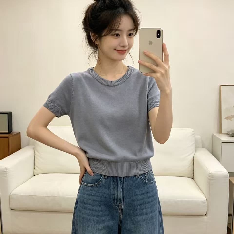 달콤함 연령 감소 부드러운 바람 단색 반팔 니트 스웨터 여름 루즈핏 다용도 라운드 넥 스웨터 슬림해 보이는 캐주얼 맨위 상세 이미지 5