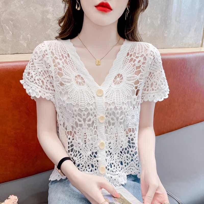 얼음 실크 반팔 티셔츠 여성 여름 얇은 스타일 2026 새로운 루즈핏 슬림해 보이는 V넥 홀로우 아웃 니트 스웨터 반소매 맨위 이미지 2