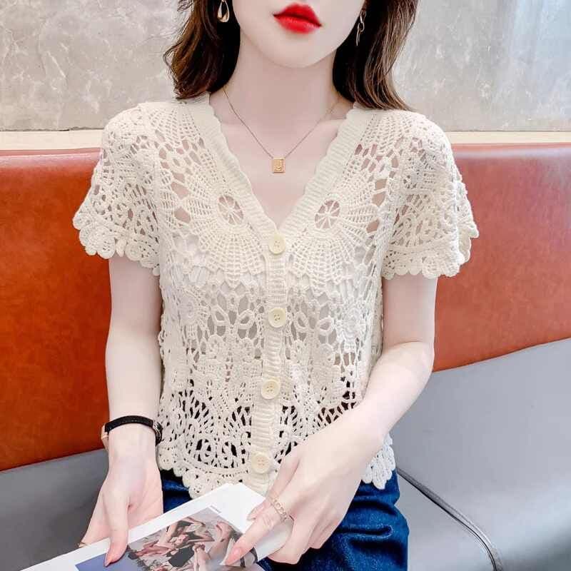 얼음 실크 반팔 티셔츠 여성 여름 얇은 스타일 2026 새로운 루즈핏 슬림해 보이는 V넥 홀로우 아웃 니트 스웨터 반소매 맨위 이미지 4