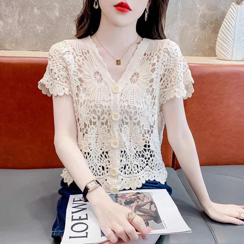 얼음 실크 반팔 티셔츠 여성 여름 얇은 스타일 2026 새로운 루즈핏 슬림해 보이는 V넥 홀로우 아웃 니트 스웨터 반소매 맨위