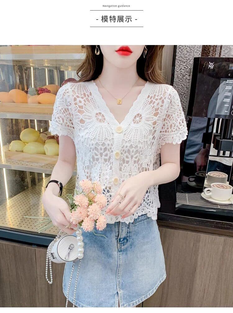 얼음 실크 반팔 티셔츠 여성 여름 얇은 스타일 2026 새로운 루즈핏 슬림해 보이는 V넥 홀로우 아웃 니트 스웨터 반소매 맨위 상세 이미지 6