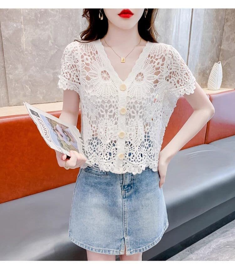 얼음 실크 반팔 티셔츠 여성 여름 얇은 스타일 2026 새로운 루즈핏 슬림해 보이는 V넥 홀로우 아웃 니트 스웨터 반소매 맨위 상세 이미지 10