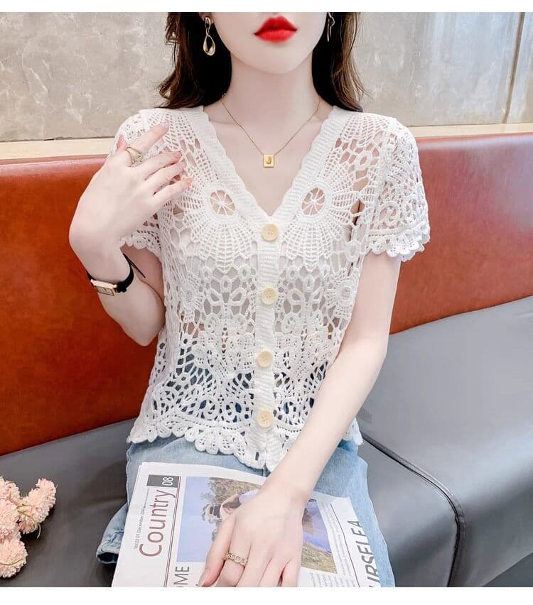 얼음 실크 반팔 티셔츠 여성 여름 얇은 스타일 2026 새로운 루즈핏 슬림해 보이는 V넥 홀로우 아웃 니트 스웨터 반소매 맨위 상세 이미지 13