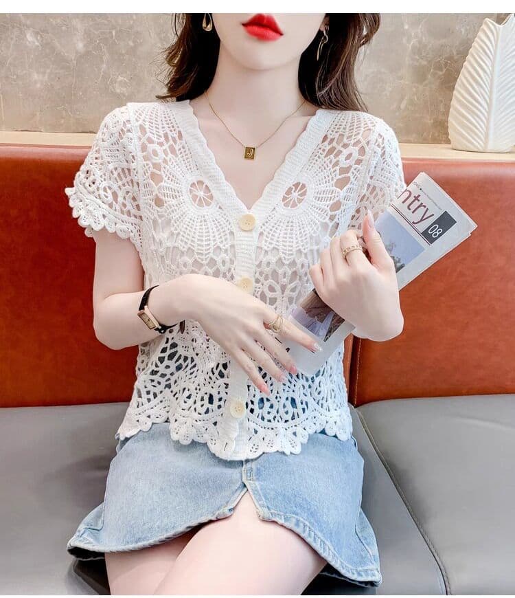 얼음 실크 반팔 티셔츠 여성 여름 얇은 스타일 2026 새로운 루즈핏 슬림해 보이는 V넥 홀로우 아웃 니트 스웨터 반소매 맨위 상세 이미지 18