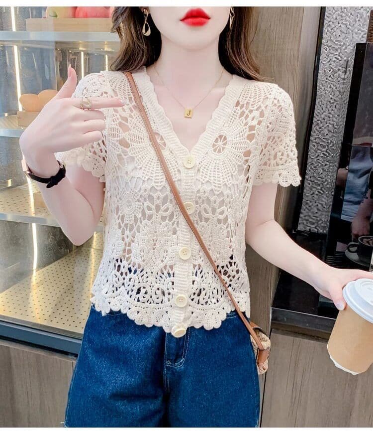 얼음 실크 반팔 티셔츠 여성 여름 얇은 스타일 2026 새로운 루즈핏 슬림해 보이는 V넥 홀로우 아웃 니트 스웨터 반소매 맨위 상세 이미지 21