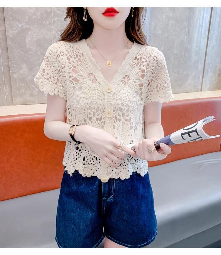 얼음 실크 반팔 티셔츠 여성 여름 얇은 스타일 2026 새로운 루즈핏 슬림해 보이는 V넥 홀로우 아웃 니트 스웨터 반소매 맨위 상세 이미지 23