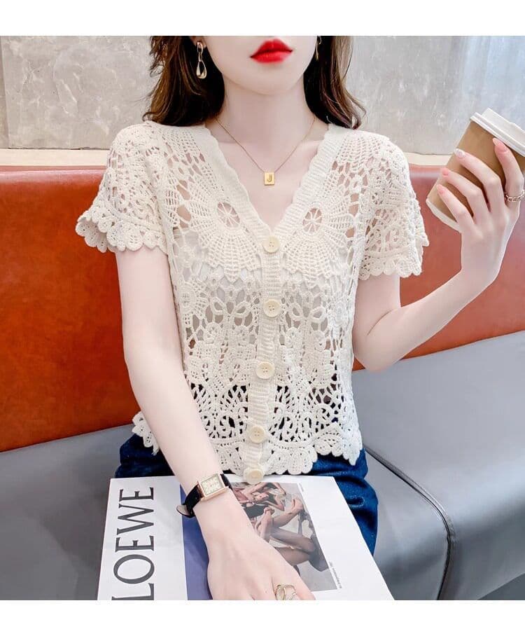 얼음 실크 반팔 티셔츠 여성 여름 얇은 스타일 2026 새로운 루즈핏 슬림해 보이는 V넥 홀로우 아웃 니트 스웨터 반소매 맨위 상세 이미지 25