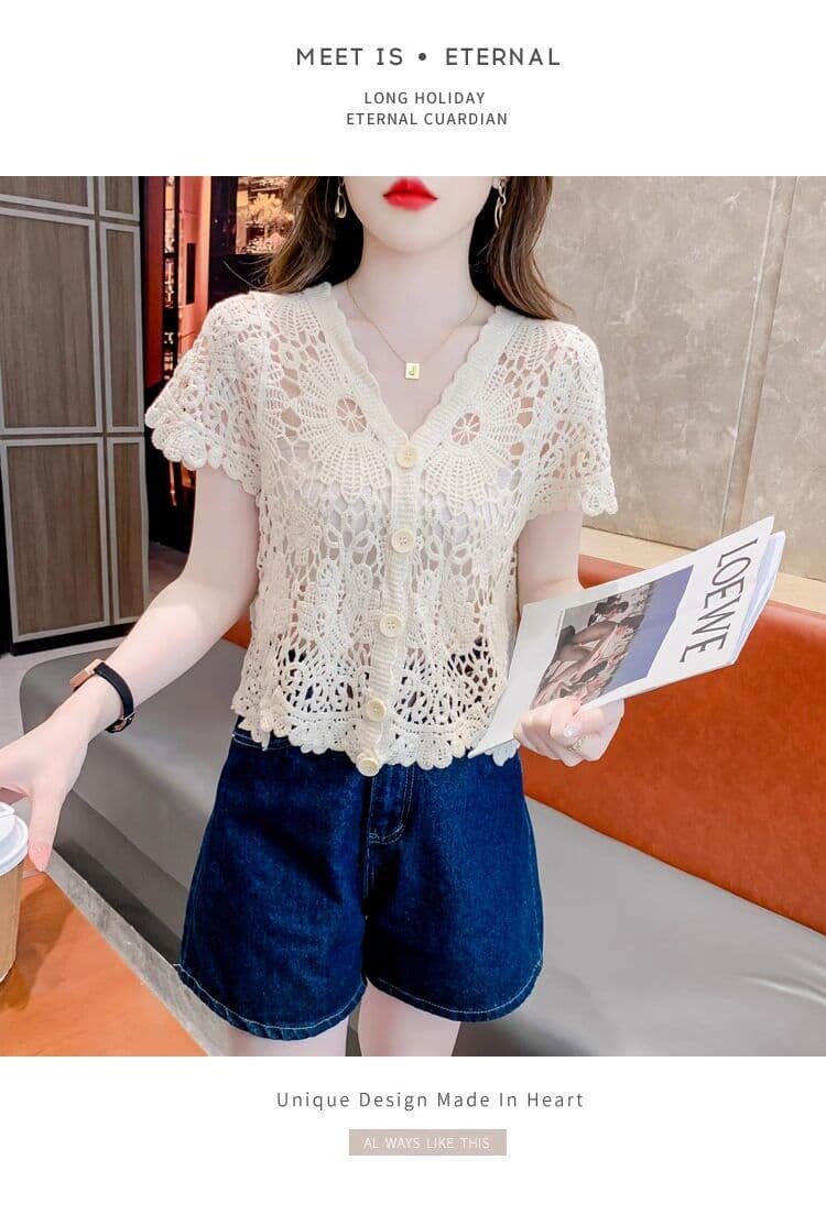 얼음 실크 반팔 티셔츠 여성 여름 얇은 스타일 2026 새로운 루즈핏 슬림해 보이는 V넥 홀로우 아웃 니트 스웨터 반소매 맨위 상세 이미지 27