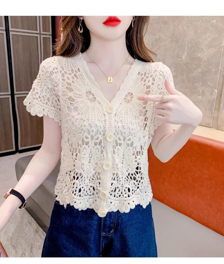 얼음 실크 반팔 티셔츠 여성 여름 얇은 스타일 2026 새로운 루즈핏 슬림해 보이는 V넥 홀로우 아웃 니트 스웨터 반소매 맨위 상세 이미지 28