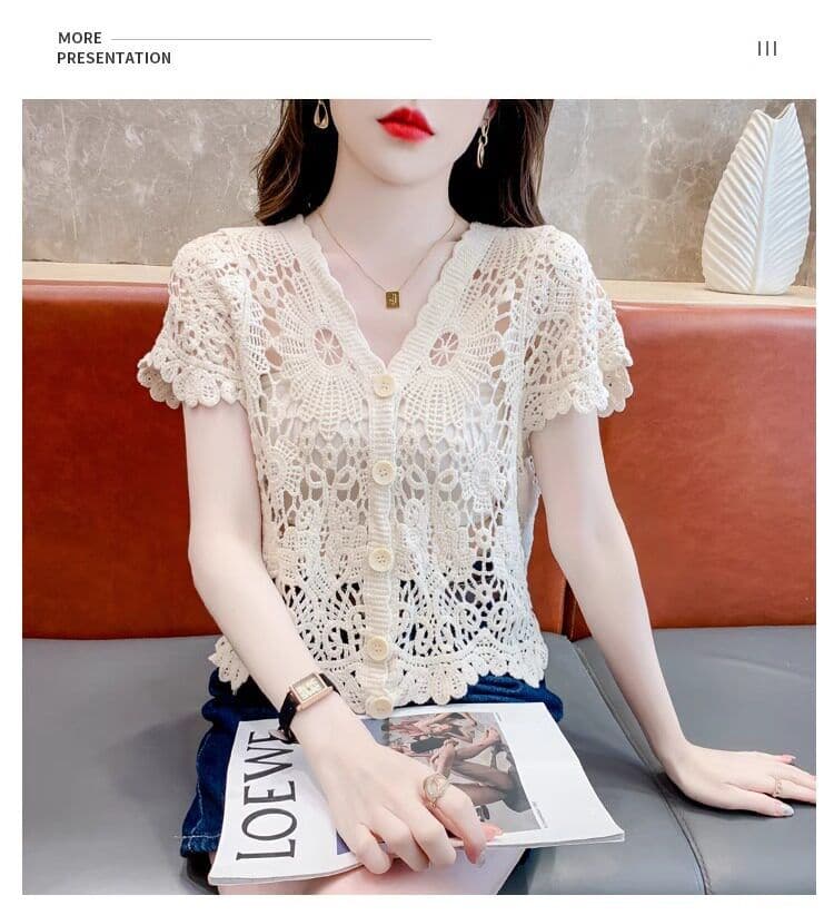 얼음 실크 반팔 티셔츠 여성 여름 얇은 스타일 2026 새로운 루즈핏 슬림해 보이는 V넥 홀로우 아웃 니트 스웨터 반소매 맨위 상세 이미지 29