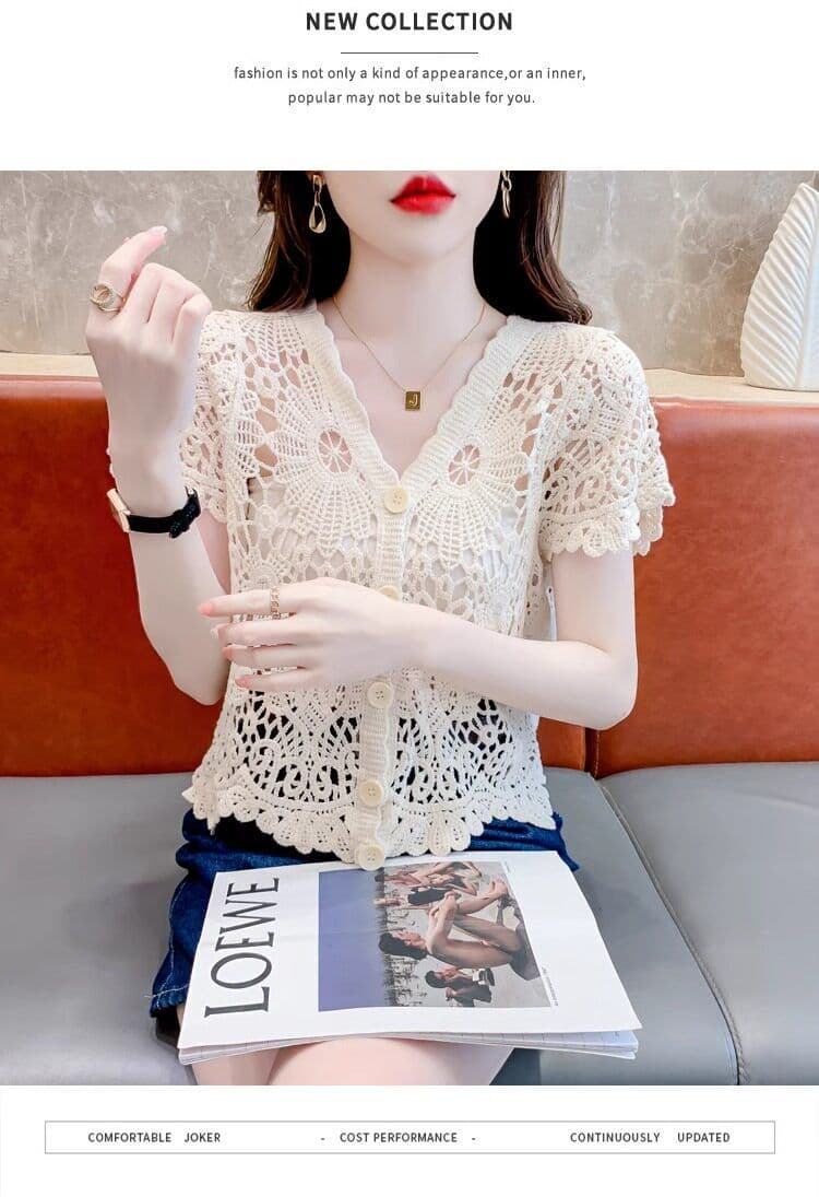 얼음 실크 반팔 티셔츠 여성 여름 얇은 스타일 2026 새로운 루즈핏 슬림해 보이는 V넥 홀로우 아웃 니트 스웨터 반소매 맨위 상세 이미지 30