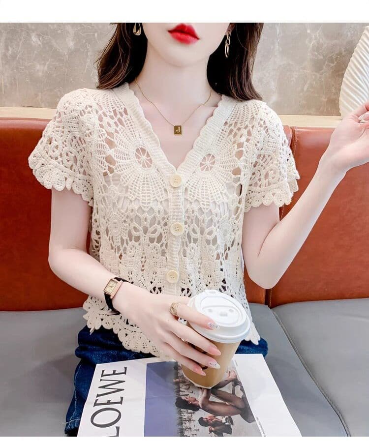 얼음 실크 반팔 티셔츠 여성 여름 얇은 스타일 2026 새로운 루즈핏 슬림해 보이는 V넥 홀로우 아웃 니트 스웨터 반소매 맨위 상세 이미지 31
