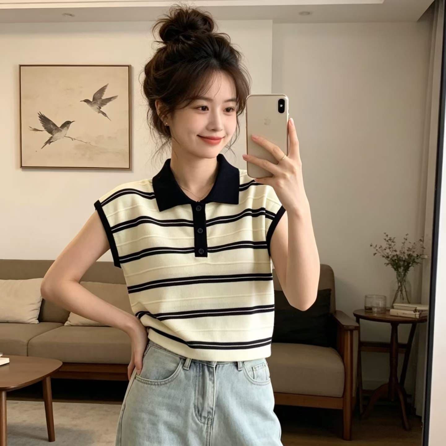 패션 패치워크 스트라이프 반팔 티셔츠 여성 2026 여름 새로운 외국 가스 연령 감소 다용도 캐주얼 니트 스웨터 맨위 이미지 3