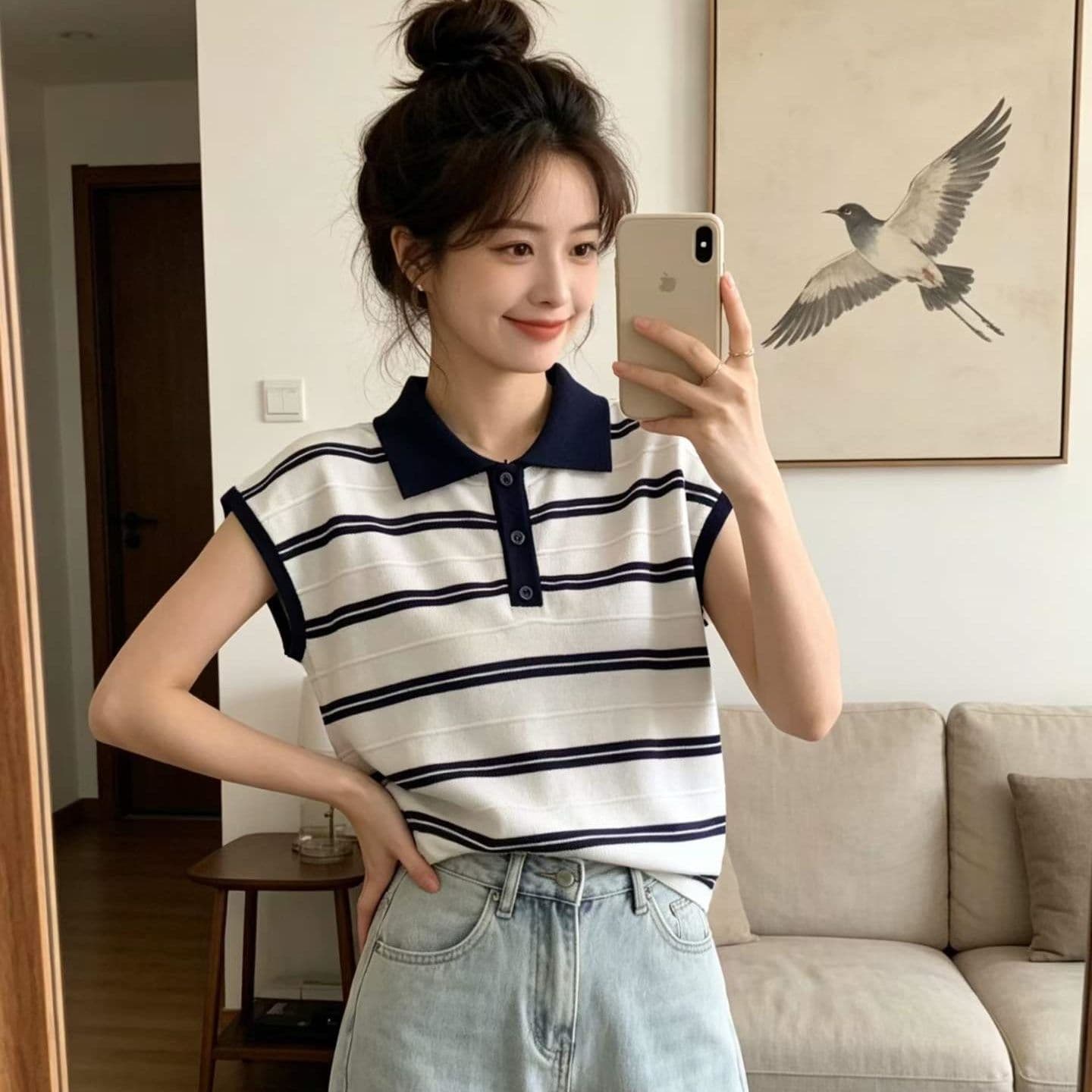 패션 패치워크 스트라이프 반팔 티셔츠 여성 2026 여름 새로운 외국 가스 연령 감소 다용도 캐주얼 니트 스웨터 맨위