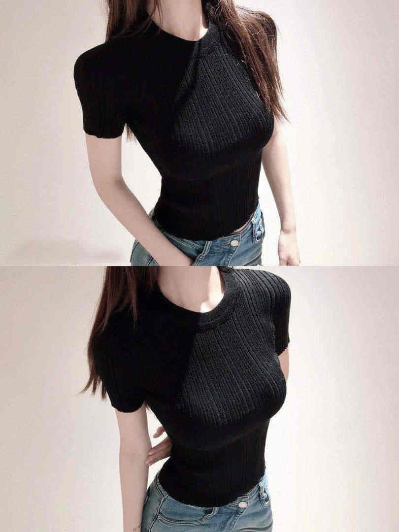 핫걸 고급 센스 단색 수직 구덩이 기사 니트 반팔 여성 여름 빛 직업 부서 슬림해 보이는 품격 몸매 가꾸기 라운드 넥 맨위 이미지 4