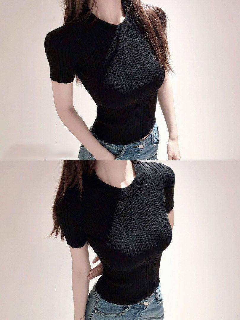핫걸 고급 센스 단색 수직 구덩이 기사 니트 반팔 여성 여름 빛 직업 부서 슬림해 보이는 품격 몸매 가꾸기 라운드 넥 맨위 상세 이미지 6