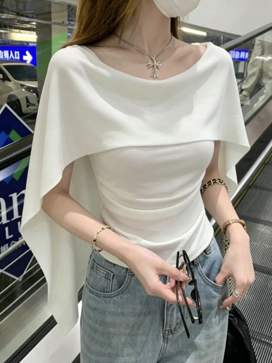 프랑스식 우아함 망토 숄 페이크 레이어드 반팔 티셔츠 여성 여름 새로운 몸매 가꾸기 슬림해 보이는 부드러운 품격 맨위