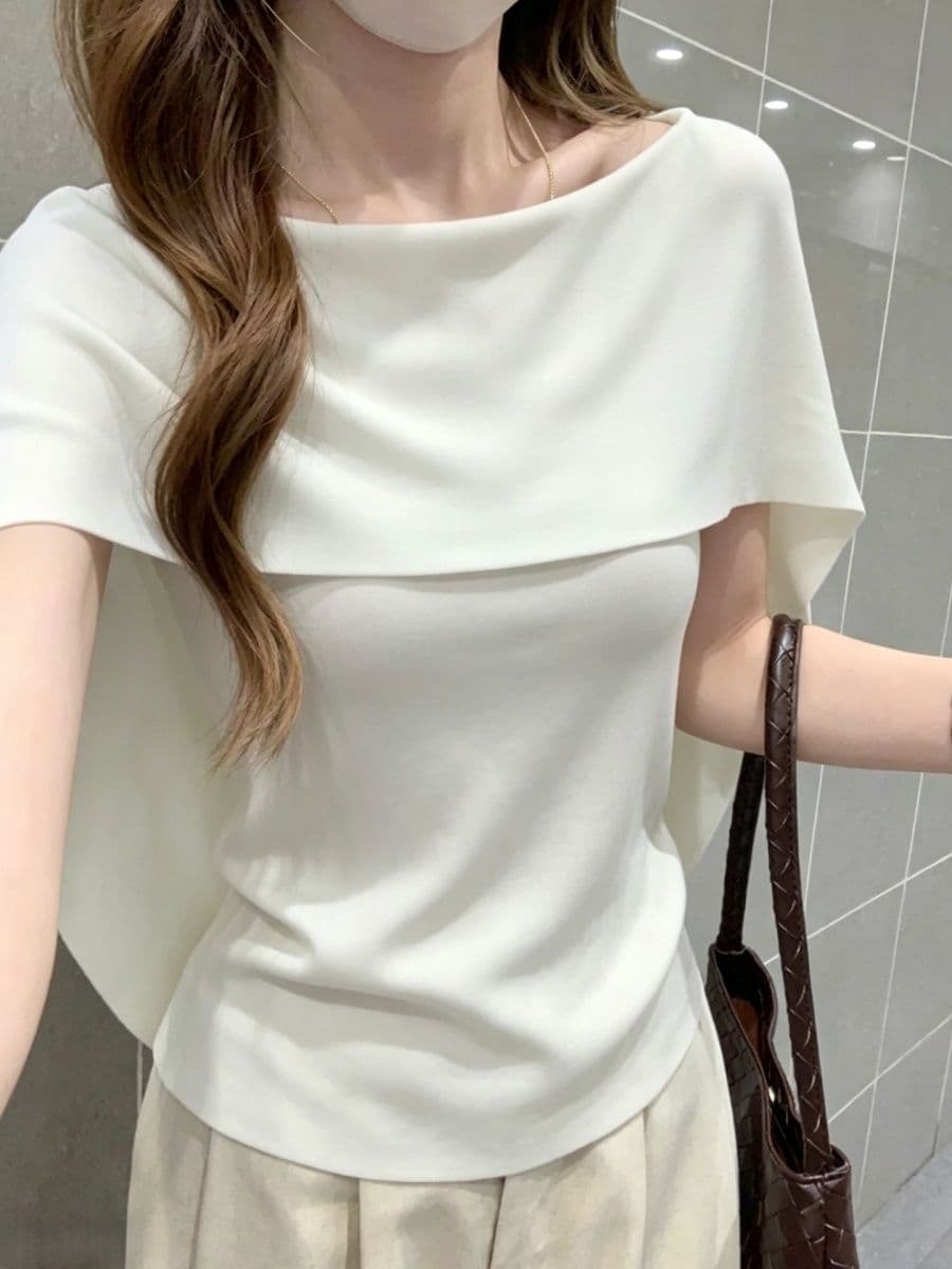 프랑스식 우아함 망토 숄 페이크 레이어드 반팔 티셔츠 여성 여름 새로운 몸매 가꾸기 슬림해 보이는 부드러운 품격 맨위 이미지 3