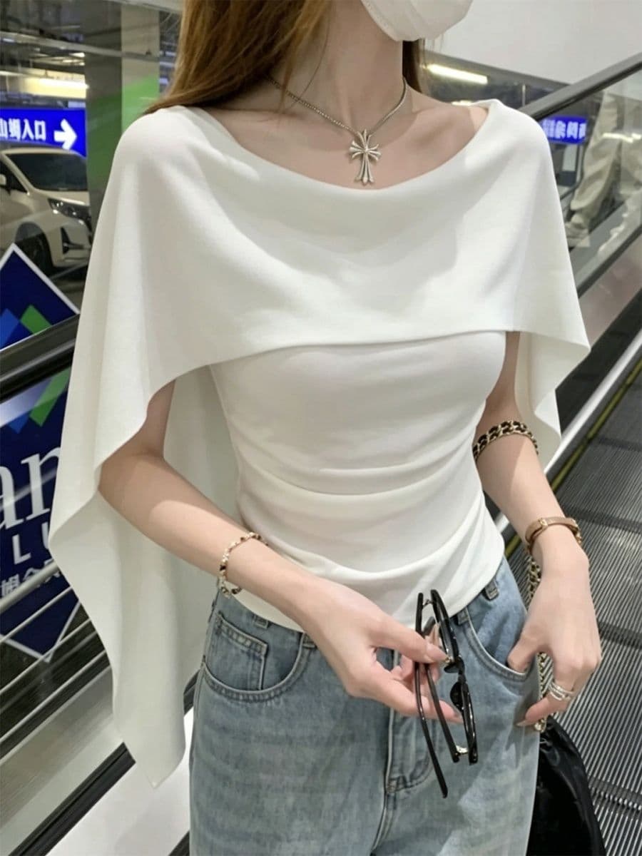 프랑스식 우아함 망토 숄 페이크 레이어드 반팔 티셔츠 여성 여름 새로운 몸매 가꾸기 슬림해 보이는 부드러운 품격 맨위 상세 이미지 1