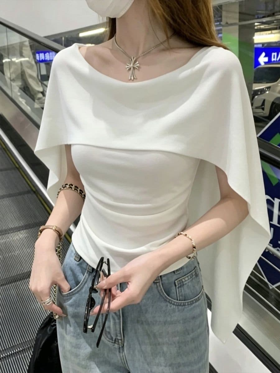 프랑스식 우아함 망토 숄 페이크 레이어드 반팔 티셔츠 여성 여름 새로운 몸매 가꾸기 슬림해 보이는 부드러운 품격 맨위 상세 이미지 3