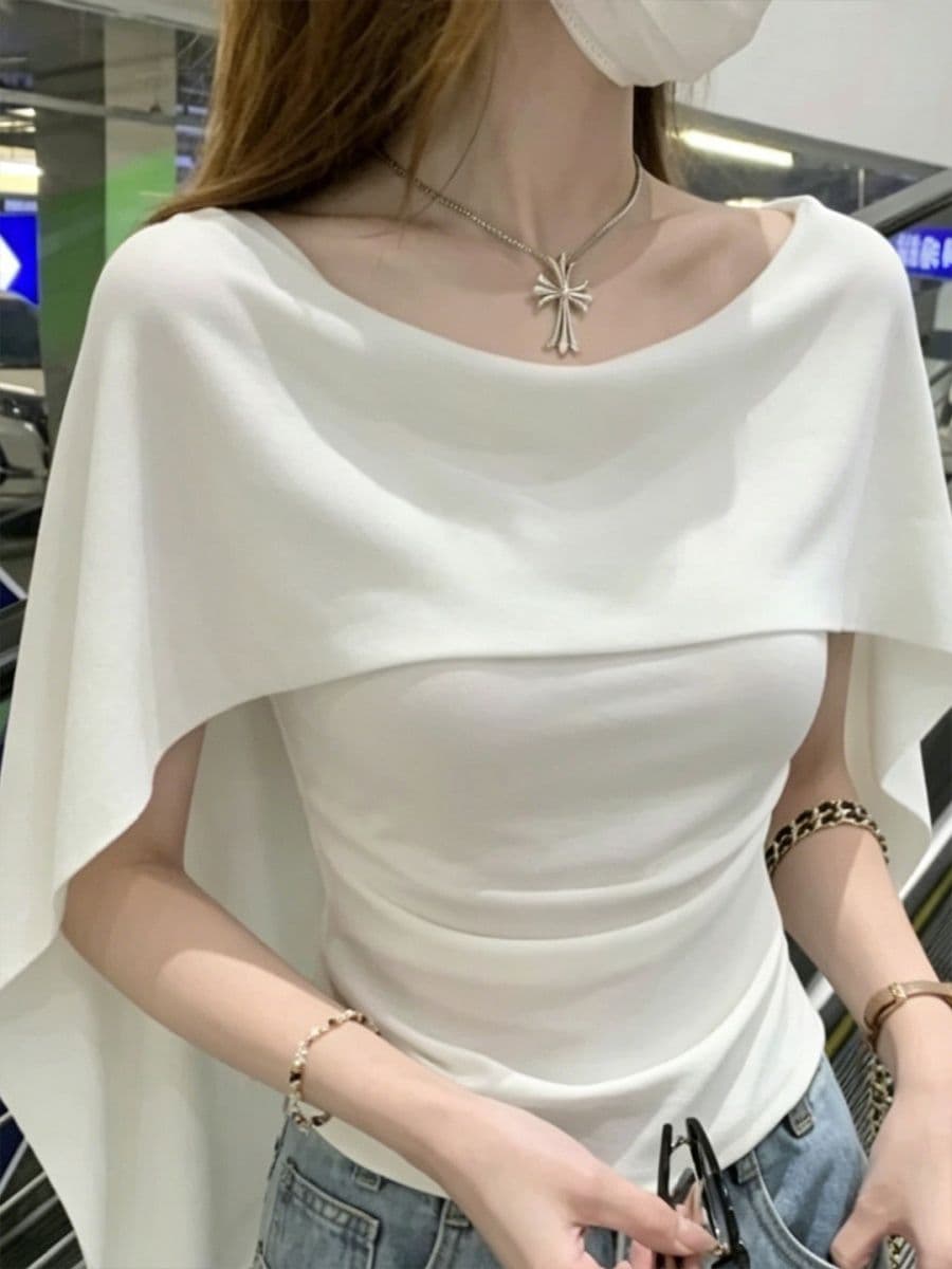 프랑스식 우아함 망토 숄 페이크 레이어드 반팔 티셔츠 여성 여름 새로운 몸매 가꾸기 슬림해 보이는 부드러운 품격 맨위 상세 이미지 5