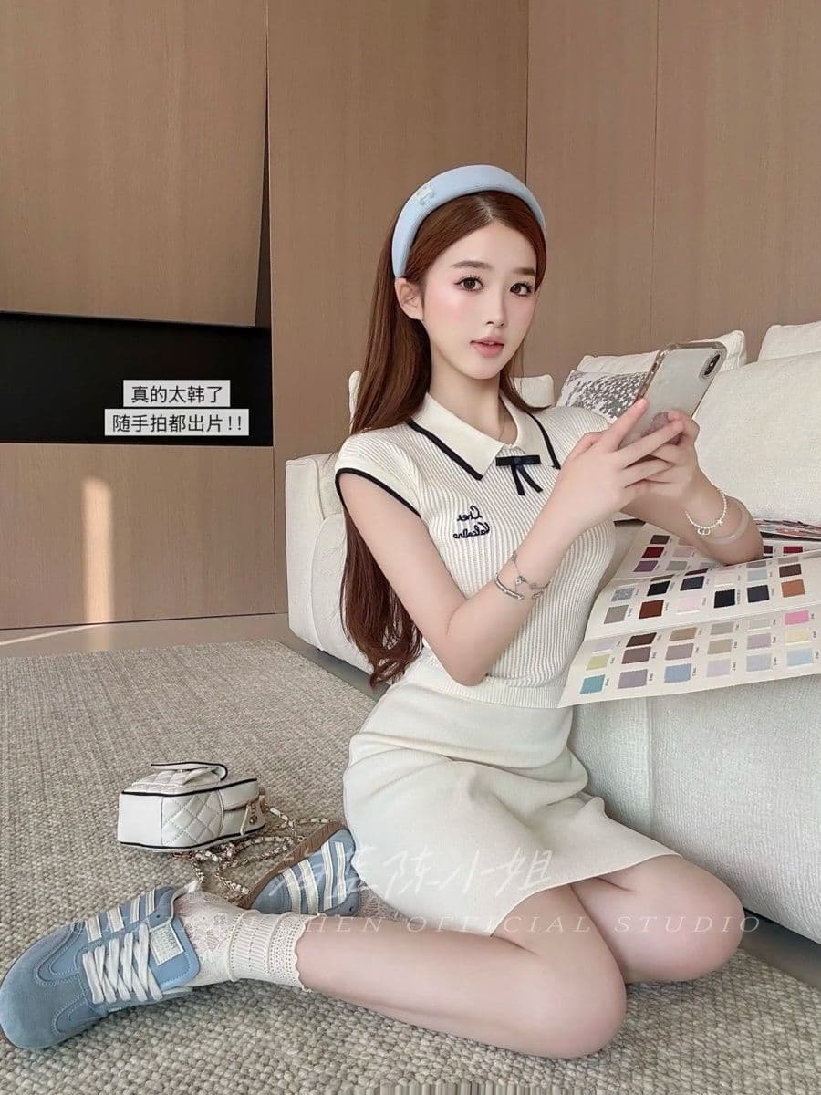 한 부서 순수한 욕망 바람 나비 매듭 장식 배색 폴로 칼라 반팔 니트 여성 드레스 몸매 가꾸기 슬림해 보이는 한 마디 미니 스커트 상세 이미지 4