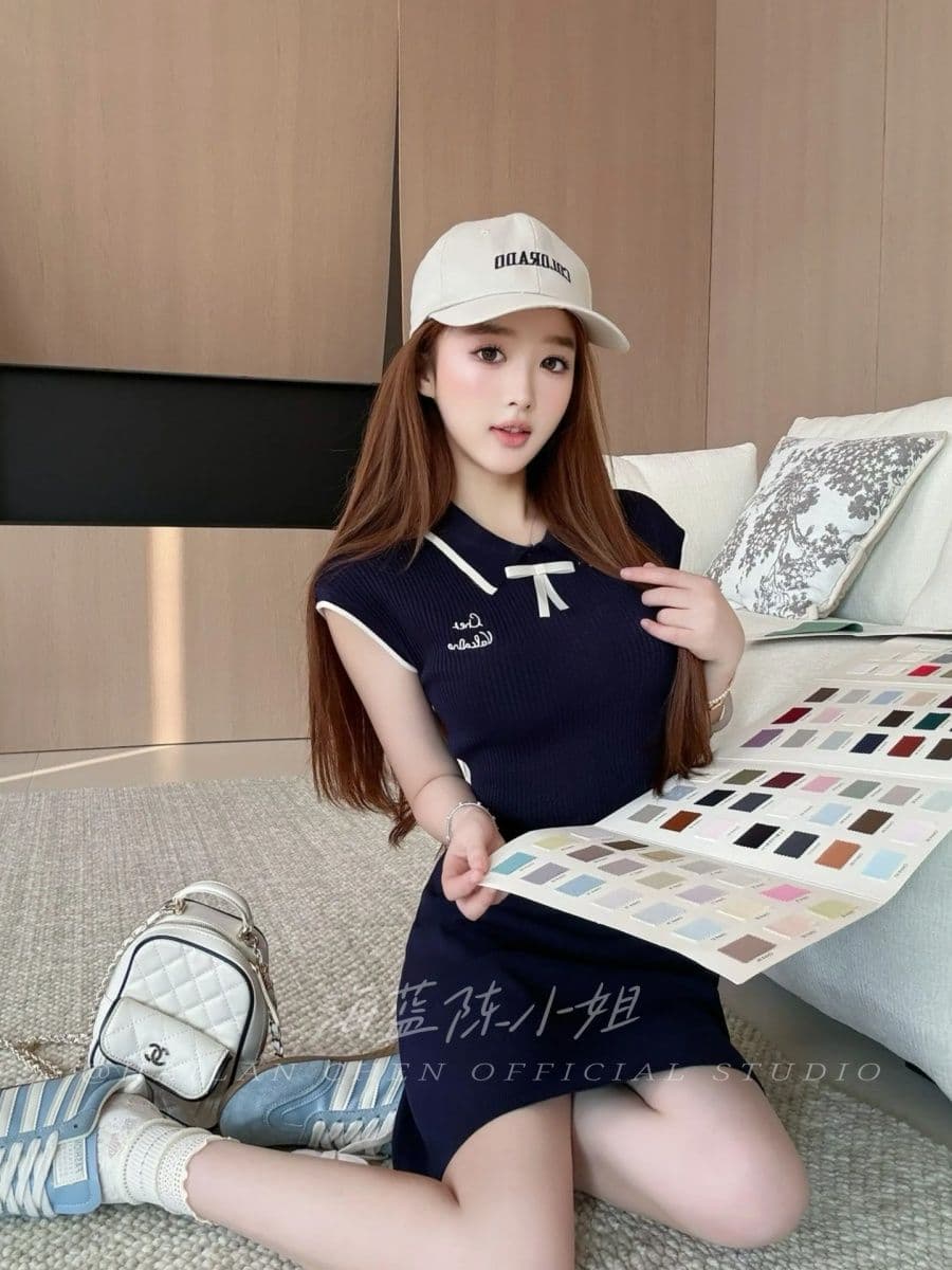 한 부서 순수한 욕망 바람 나비 매듭 장식 배색 폴로 칼라 반팔 니트 여성 드레스 몸매 가꾸기 슬림해 보이는 한 마디 미니 스커트 상세 이미지 5