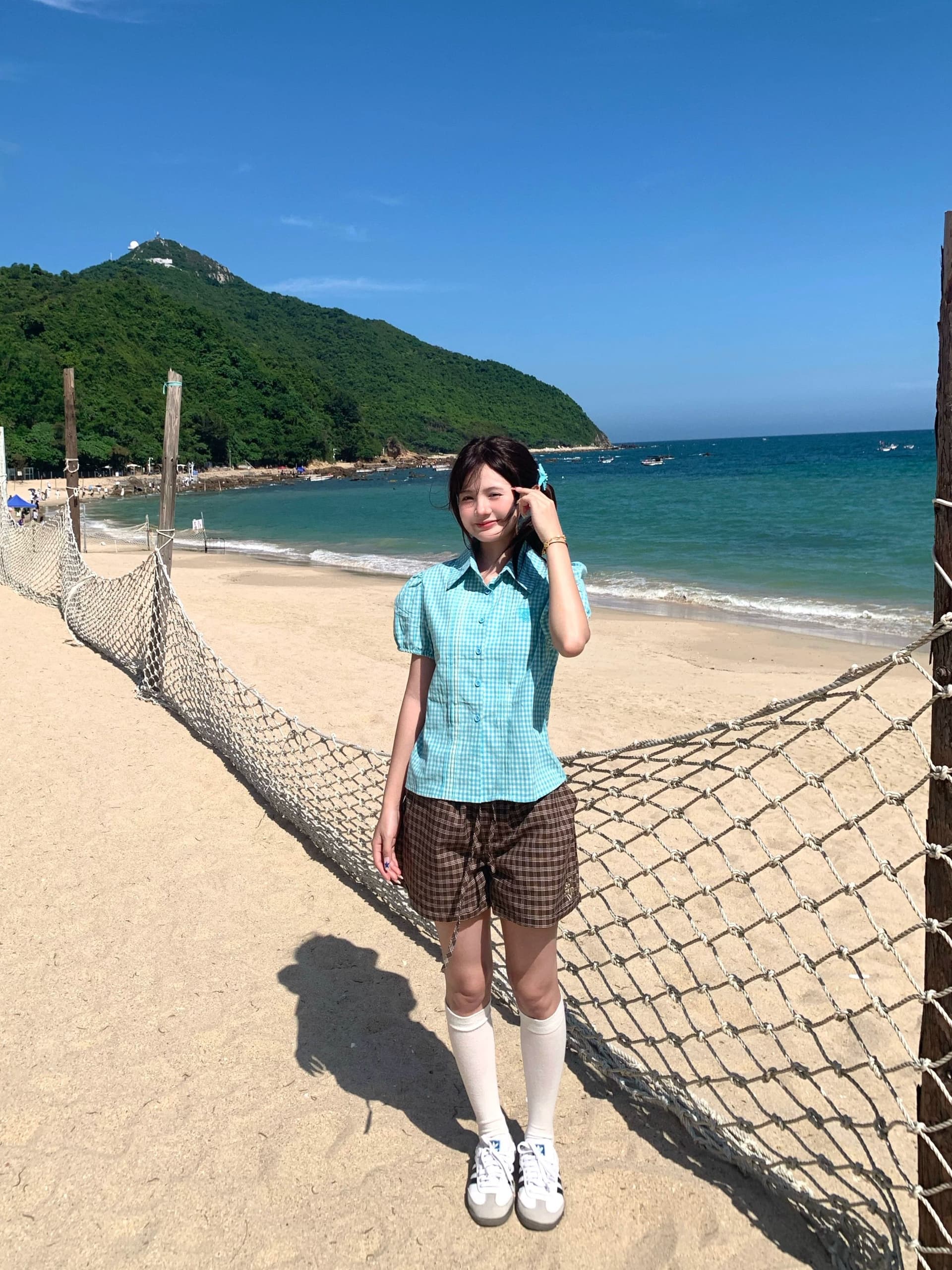 3 차원 허리 머리 자수 체크무늬 패치워크 색상 스트레이트 펌프 로프 3 점 반바지 여성 핫걸 캐주얼 슬림해 보이는 다용도 반바지 이미지 3