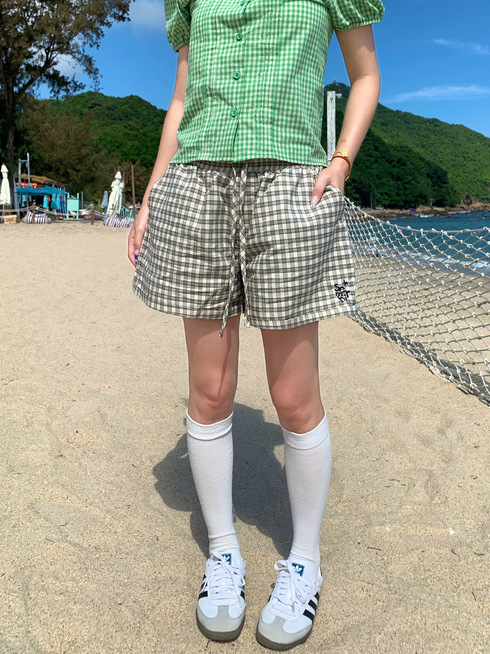 3 차원 허리 머리 자수 체크무늬 패치워크 색상 스트레이트 펌프 로프 3 점 반바지 여성 핫걸 캐주얼 슬림해 보이는 다용도 반바지 상세 이미지 2