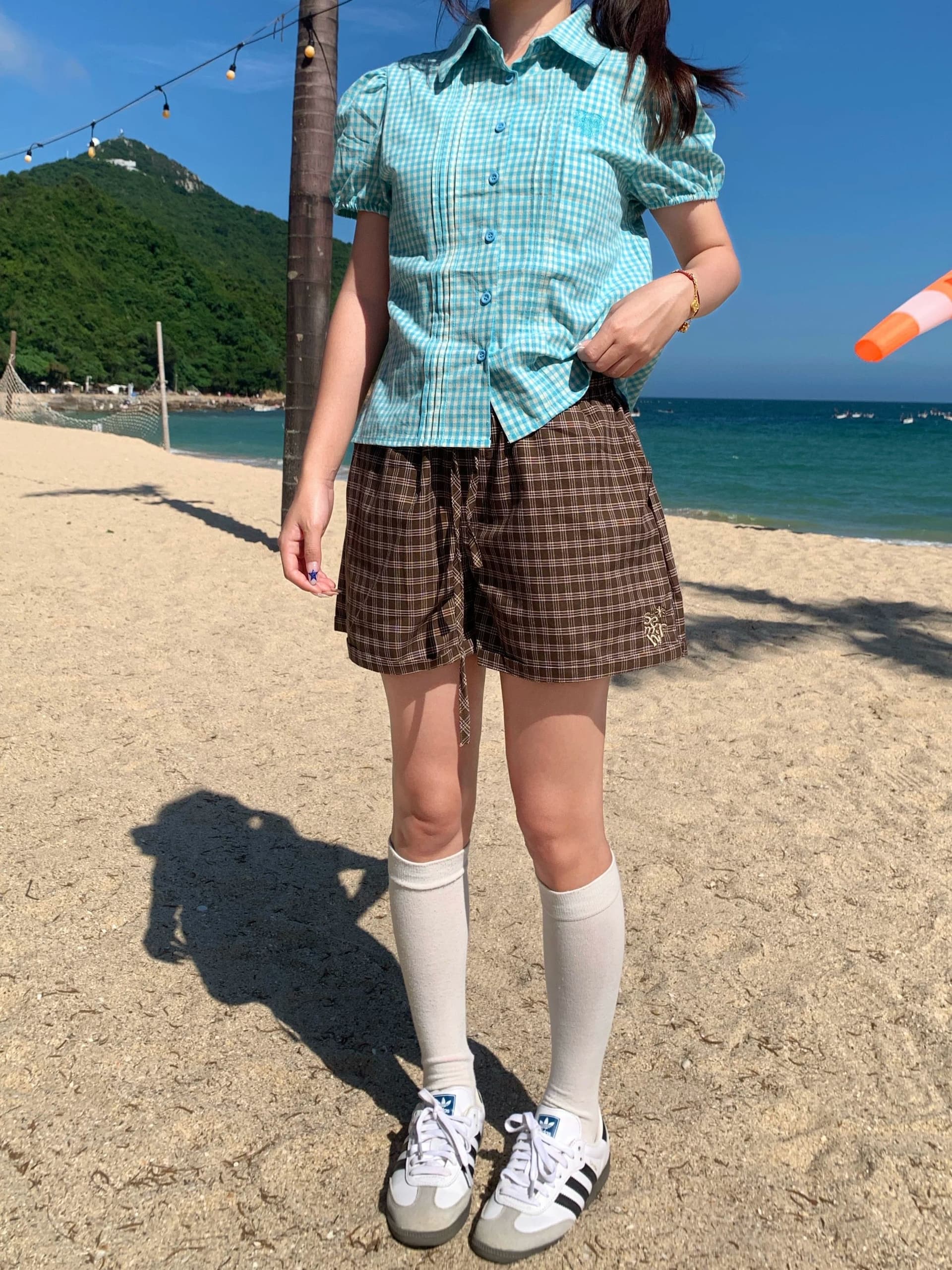3 차원 허리 머리 자수 체크무늬 패치워크 색상 스트레이트 펌프 로프 3 점 반바지 여성 핫걸 캐주얼 슬림해 보이는 다용도 반바지 상세 이미지 4