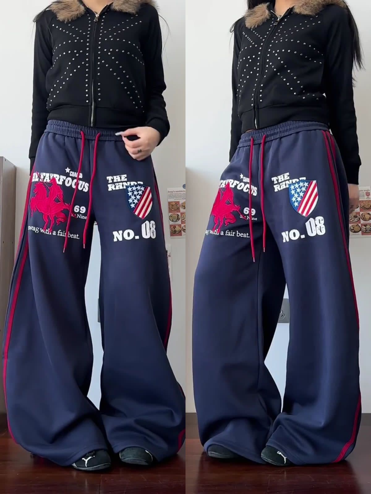 순수한 Mianhua 면 알파벳 프린트 자수 레트로 펌프 로프 운동 웨이 바지 남녀 느긋한 바람 루즈핏 캐주얼 바지
