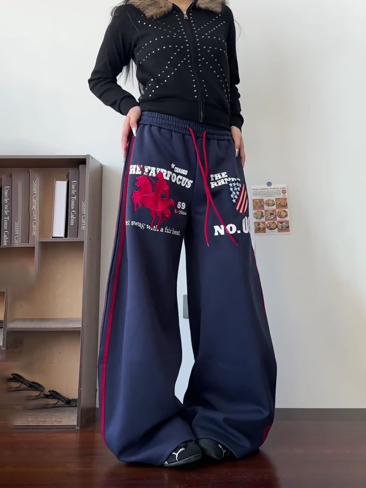 순수한 Mianhua 면 알파벳 프린트 자수 레트로 펌프 로프 운동 웨이 바지 남녀 느긋한 바람 루즈핏 캐주얼 바지 상세 이미지 3