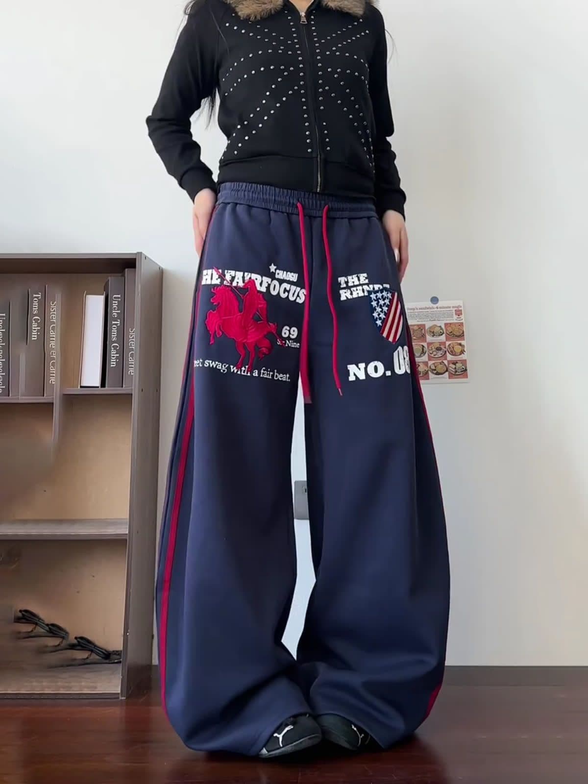 순수한 Mianhua 면 알파벳 프린트 자수 레트로 펌프 로프 운동 웨이 바지 남녀 느긋한 바람 루즈핏 캐주얼 바지 상세 이미지 4