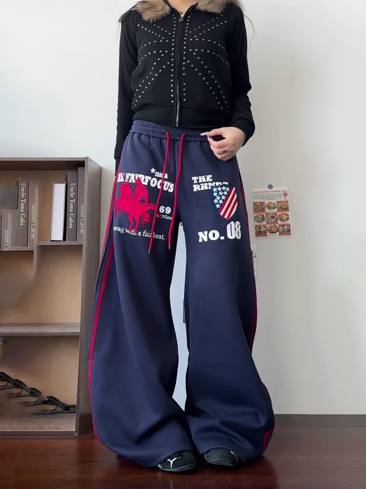 순수한 Mianhua 면 알파벳 프린트 자수 레트로 펌프 로프 운동 웨이 바지 남녀 느긋한 바람 루즈핏 캐주얼 바지 상세 이미지 6