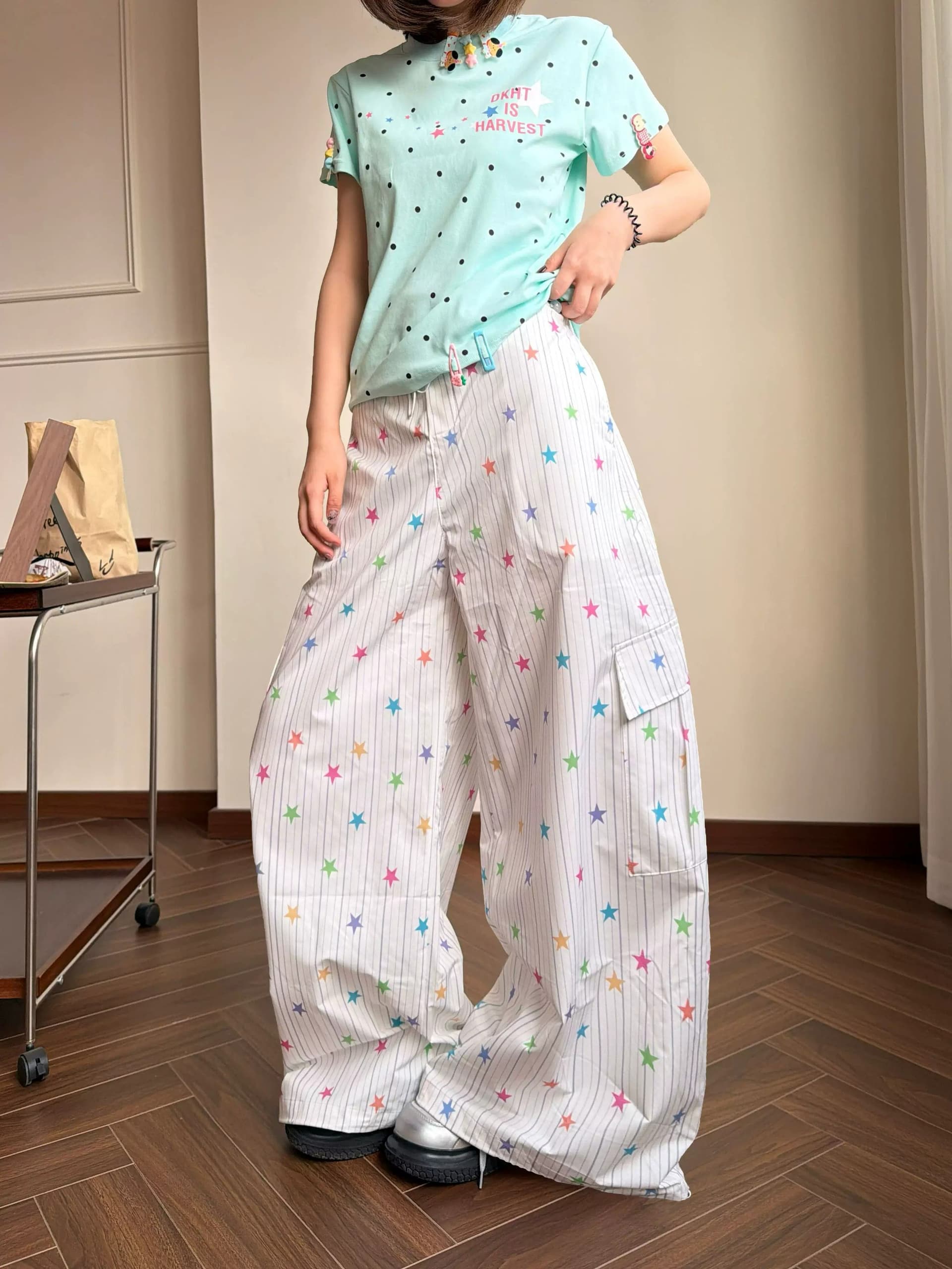 원본 이사회 것 아메리칸 도파민 색상 별 스트라이프 색상 구슬 허리밴드 디자인 센스 루즈핏 스트레이트 팬츠 여성 이미지 3