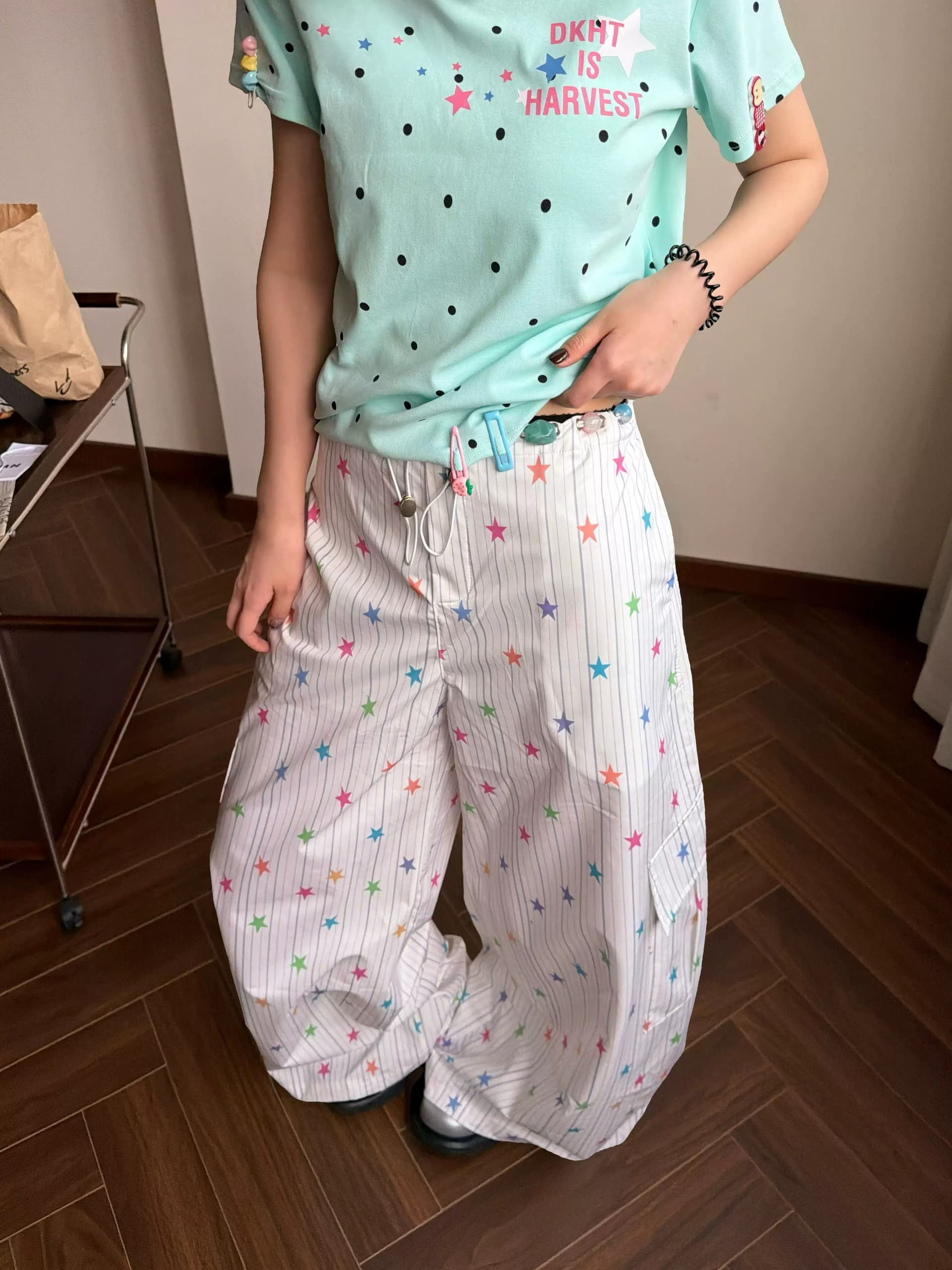 원본 이사회 것 아메리칸 도파민 색상 별 스트라이프 색상 구슬 허리밴드 디자인 센스 루즈핏 스트레이트 팬츠 여성 상세 이미지 2