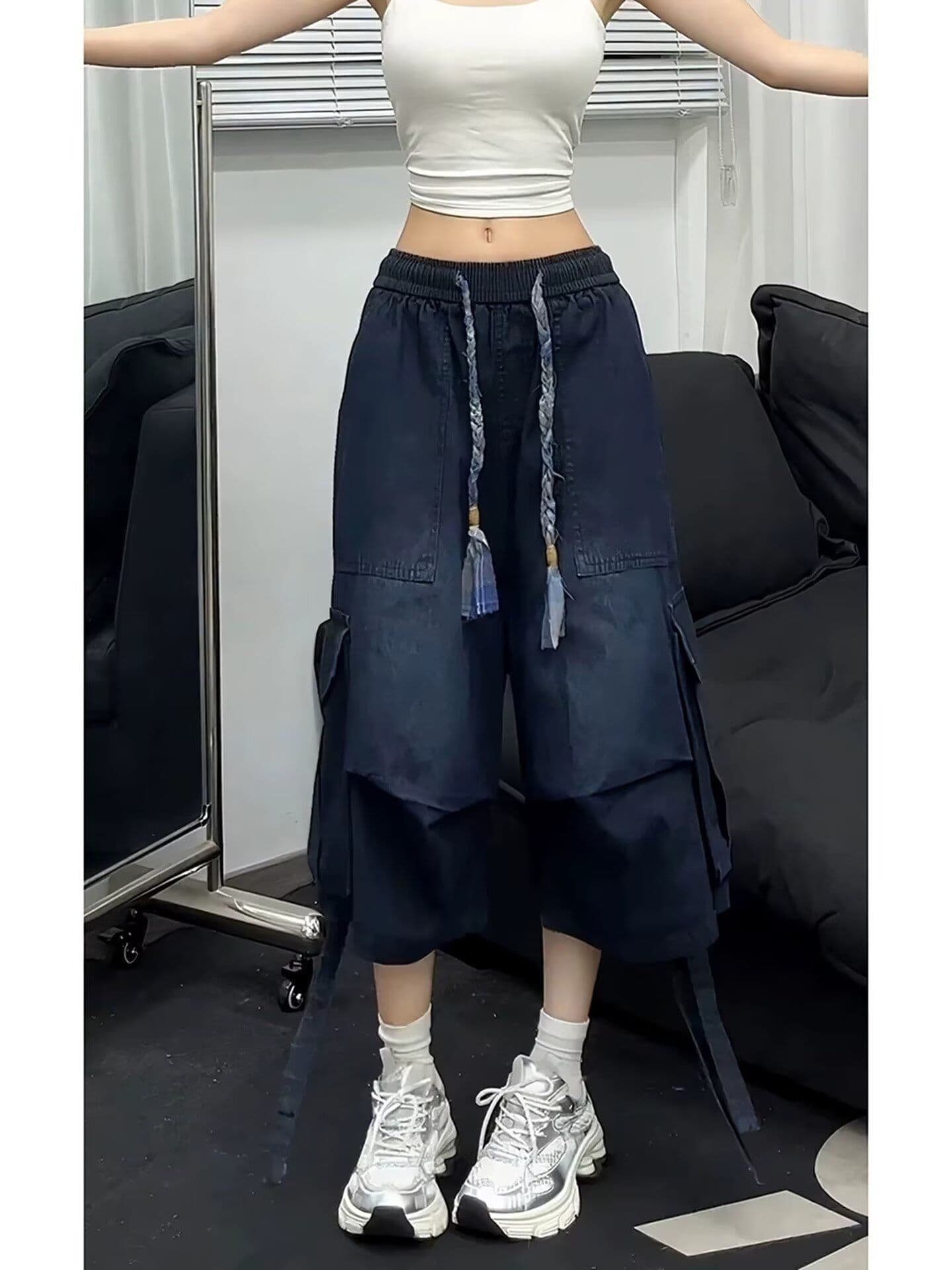 아메리칸 높음 거리 레트로 워싱 빅 포켓 넓은 다리 데님 반바지 여름 조수 브랜드 다용도 루즈핏 짧은 바지 이미지 3
