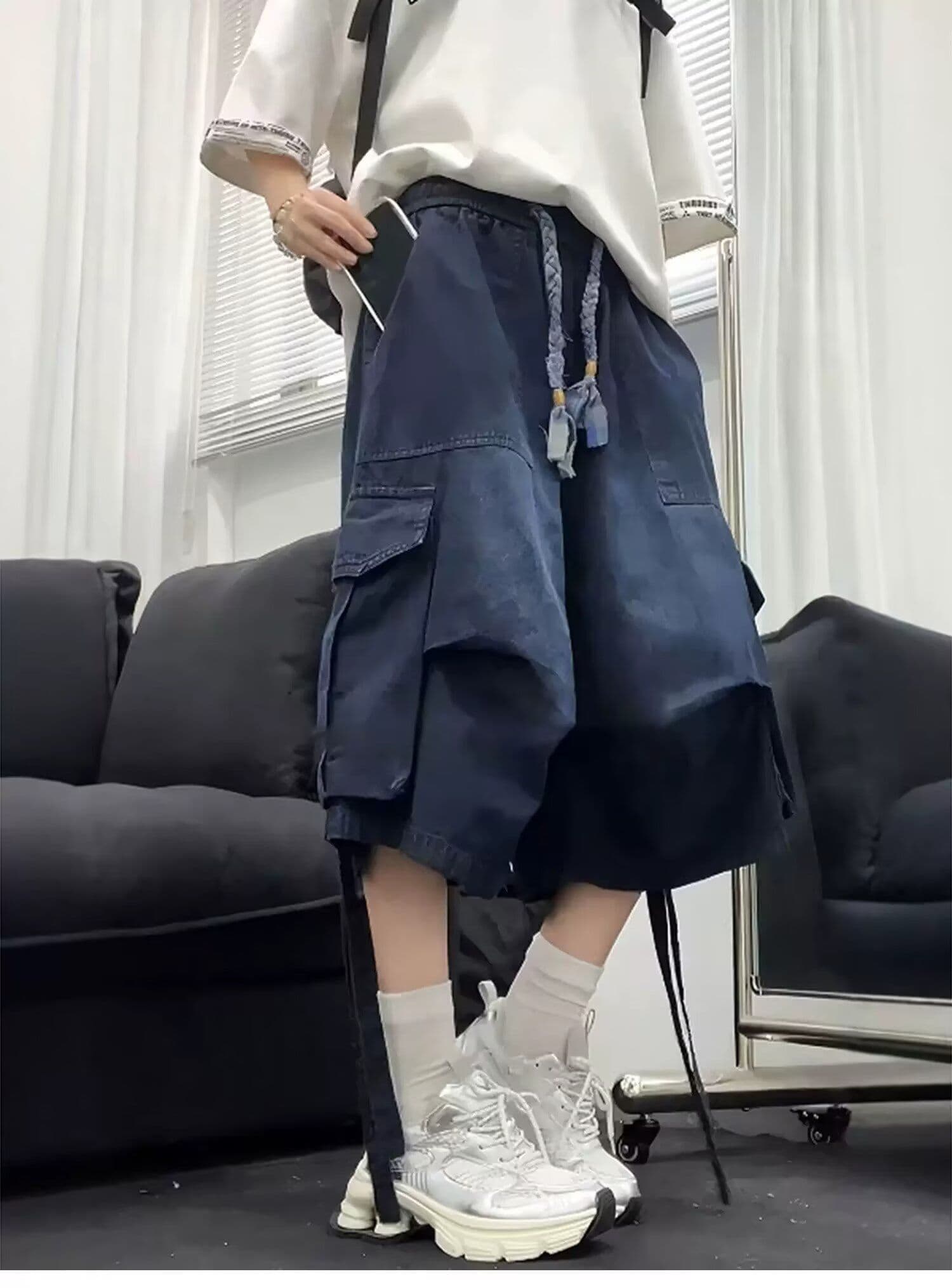 아메리칸 높음 거리 레트로 워싱 빅 포켓 넓은 다리 데님 반바지 여름 조수 브랜드 다용도 루즈핏 짧은 바지 상세 이미지 2