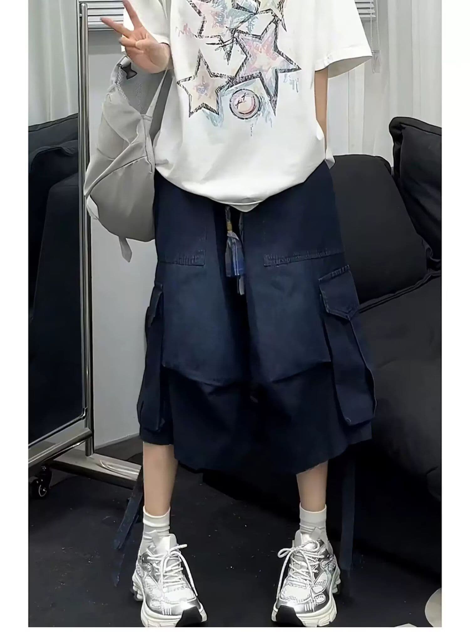 아메리칸 높음 거리 레트로 워싱 빅 포켓 넓은 다리 데님 반바지 여름 조수 브랜드 다용도 루즈핏 짧은 바지 상세 이미지 5